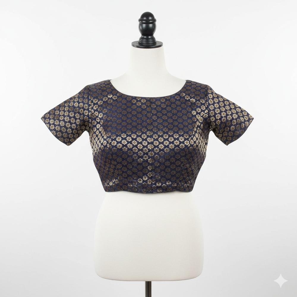 New micro dual tone velvet navy blouse with flower print size 4 /S
